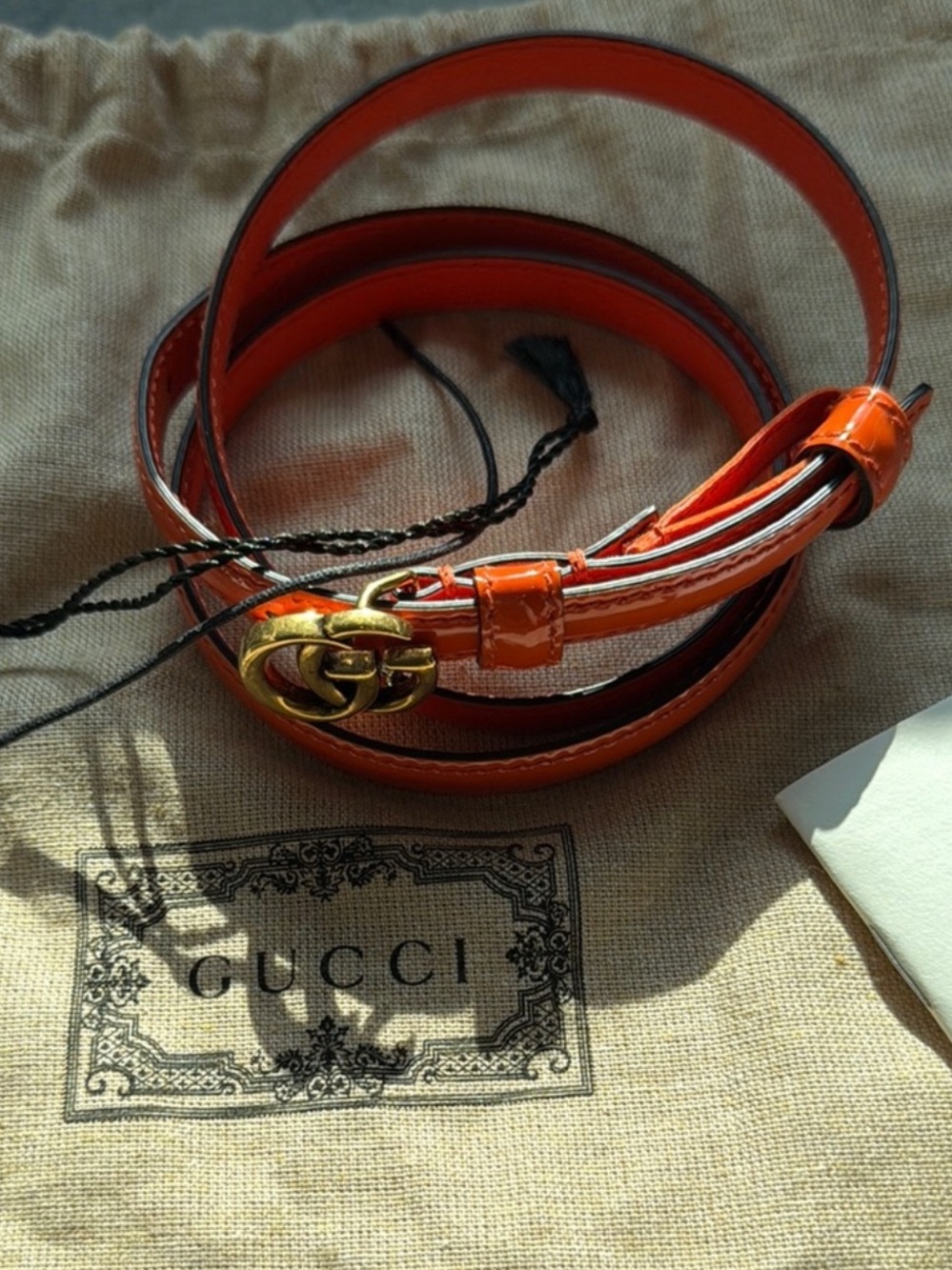 Gucci Orange Patent Leather Belt with Gold Double G Buckle